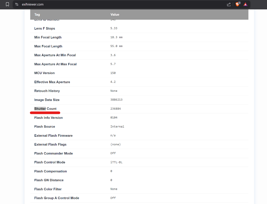 EXIF Viewer screenshot showing the Shutter Count
